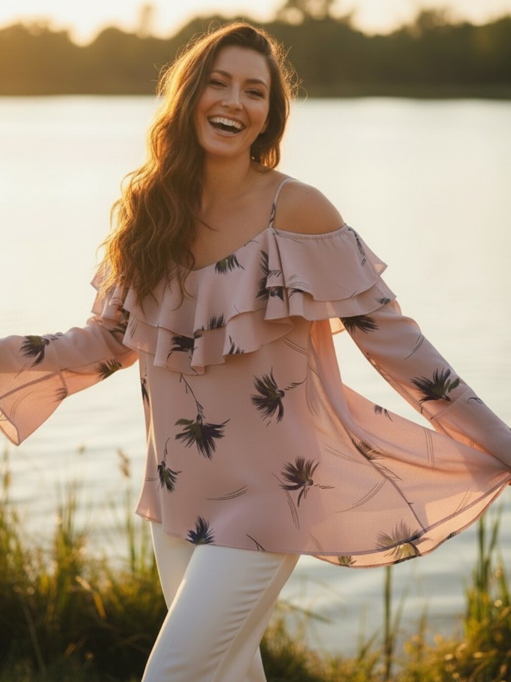bp Pink Ruffled Cold-Shoulder Floral Blouse